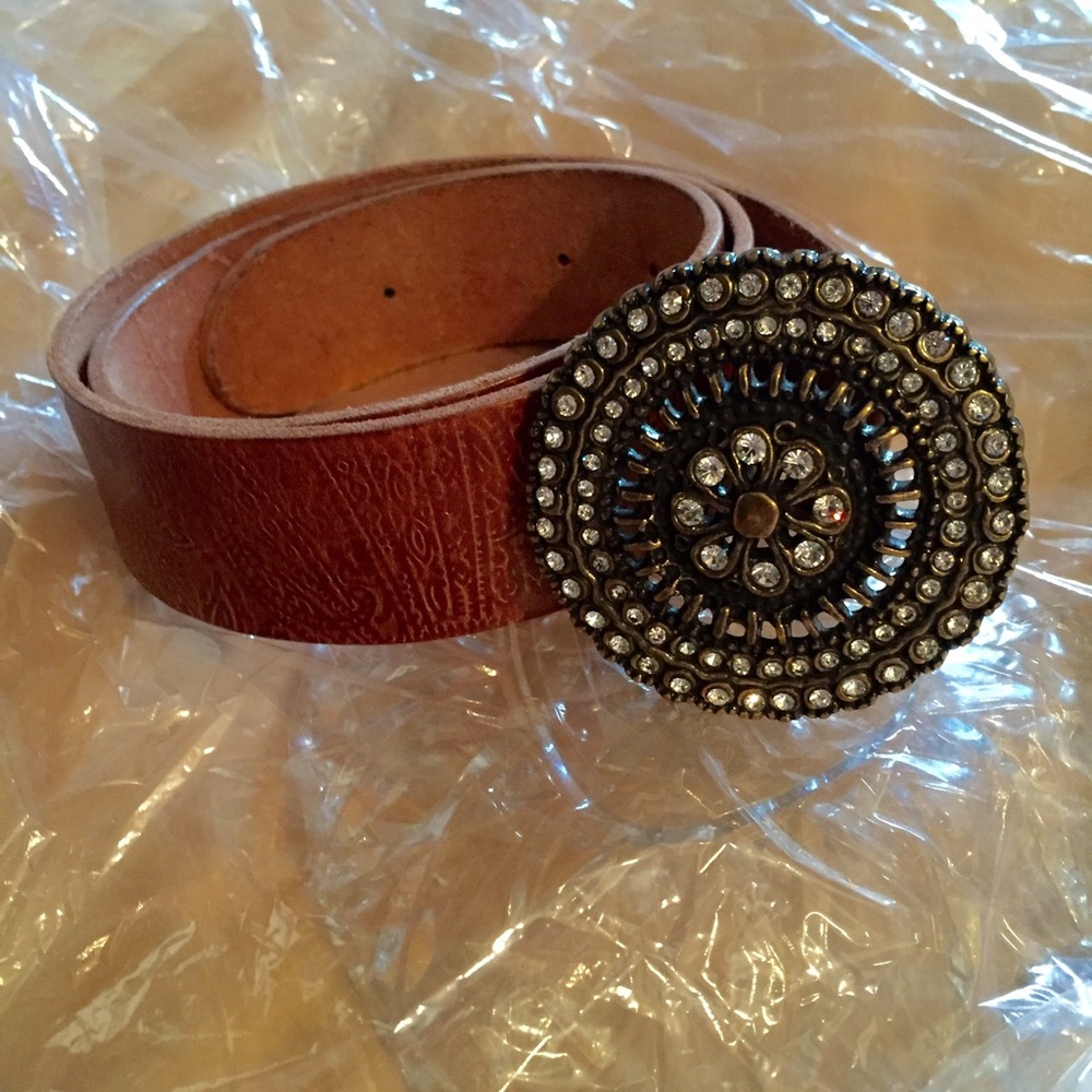 Fossil Brown Leather Belt with Rhinestone Round Buckle
